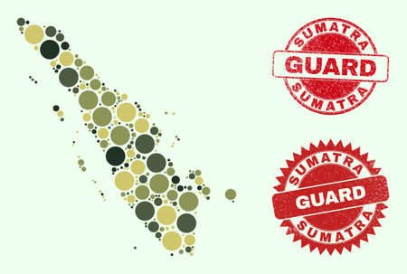 Vector circle parts collage Sumatra map in camo colors, and rubber stamp imitations for guard and military services. Round red seals contain phrase GUARD inside.のイラスト素材