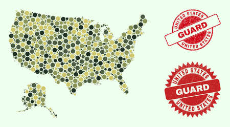 Vector round parts collage USA with Alaska map in camo colors, and grunge stamp seals for guard and military services. Round red watermarks have phrase GUARD inside.のイラスト素材