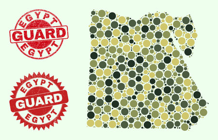 Vector round elements collage Egypt map in camouflage colors, and scratched seals for guard and military services. Round red seals include word GUARD inside.のイラスト素材