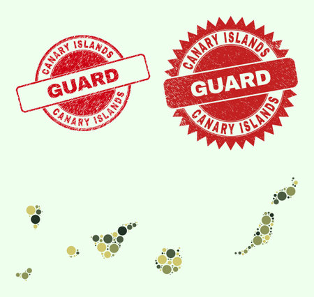 Vector circle elements collage Canary Islands map in khaki hues, and scratched stamp prints for guard and military services. Round red stamps have word GUARD inside.のイラスト素材