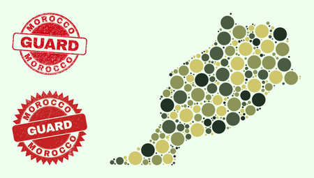 Vector round items mosaic Morocco map in khaki hues, and scratched stamps for guard and military services. Round red watermarks include word GUARD inside.のイラスト素材