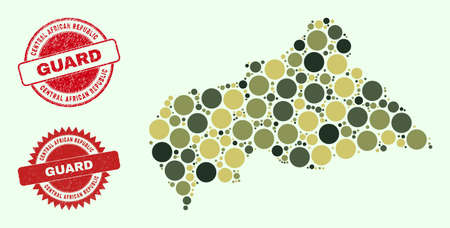 Vector round items mosaic Central African Republic map in camouflage colors, and unclean seals for guard and military services. Round red watermarks contain word GUARD inside.のイラスト素材