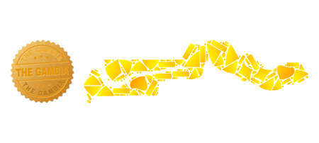 Golden collage of yellow spots for the Gambia map, and gold metallic The Gambia seal. The Gambia map collage is designed with random gold.のイラスト素材