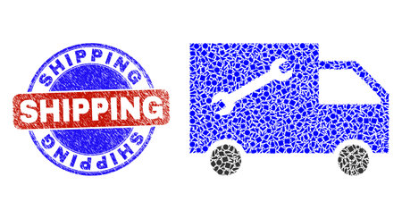 Vector mosaic service van icon, constructed from little parts, and bicolor Shipping rubber stamp seal. Abstract mosaic of service van done of little sphere, triangle, square geometric spots.のイラスト素材