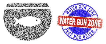 Vector mosaic fish tank icon, constructed from little parts, and bicolor Water Gun Zone dirty stamp seal. Abstract composition of fish tank constructed of little sphere, triangle,のイラスト素材