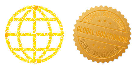Golden composition of yellow elements for global icon, and golden metallic Global Isolationism stamp seal. Global icon collage is made from randomized golden spots.のイラスト素材