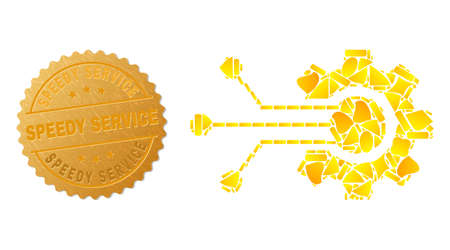 Golden collage of yellow parts for smart cog connections icon, and gold metallic Speedy Service stamp seal. Smart cog connections icon mosaic is composed with random gold.のイラスト素材