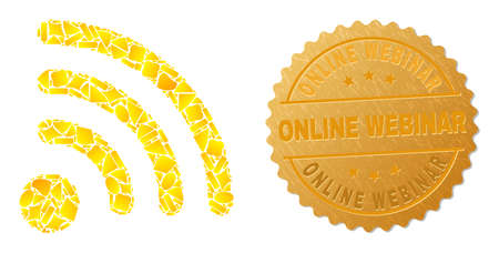 Golden collage of yellow elements for WiFi point icon, and gold metallic Online Webinar seal. WiFi point icon collage is designed with randomized gold particles.のイラスト素材