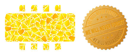 Golden composition of yellow particles for chip icon, and golden metallic We Will Never Forget watermark. Chip icon collage is made of random golden particles.のイラスト素材