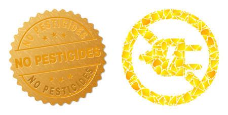 Golden combination of yellow for stop electricity icon, and golden metallic No Pesticides seal. Stop electricity icon collage is constructed of randomized golden parts.のイラスト素材
