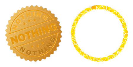 Golden mosaic of yellow spots for contour circle icon, and golden metallic Nothing stamp. Contour circle icon collage is formed from randomized golden items.のイラスト素材