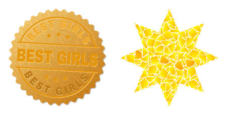 Golden mosaic of yellow elements for eight pointed star icon, and golden metallic Best Girls seal. Eight pointed star icon composition is done from scattered golden elements.のイラスト素材