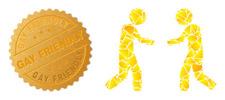 Golden combination of yellow elements for friends meeting icon, and golden metallic Friendly stamp seal. Friends meeting icon composition is composed with randomized golden spots.のイラスト素材