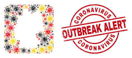 German map collage in German flag official colors - red, yellow, black, and scratched Coronavirus Outbreak Alert red circle watermark. Coronavirus Outbreak Alert seal uses vector lines and arcs.のイラスト素材