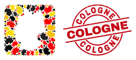 German state map mosaic in German flag official colors - red, yellow, black, and distress Cologne red circle stamp print. Cologne badge uses vector lines and arcs.のイラスト素材