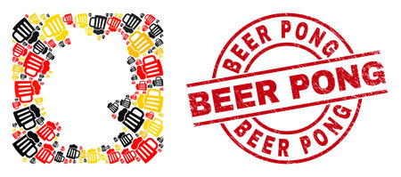 Germany state map mosaic in German flag official colors - red, yellow, black, and textured Beer Pong red circle watermark. Beer Pong seal uses vector lines and arcs.のイラスト素材