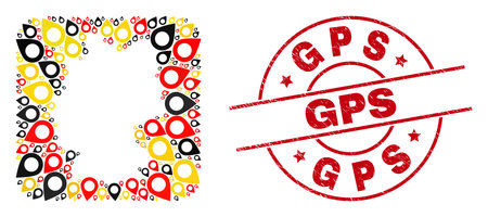 German geographic map mosaic in German flag official colors - red, yellow, black, and grunge GPS red circle badge. GPS stamp uses vector lines and arcs.のイラスト素材