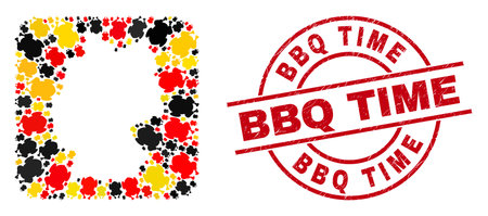 Germany map mosaic in Germany flag official colors - red, yellow, black, and rubber BBQ Time red round watermark. BBQ Time stamp uses vector lines and arcs.のイラスト素材