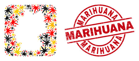 German map collage in German flag official colors - red, yellow, black, and grunge Marihuana red round stamp print. Marihuana stamp uses vector lines and arcs.のイラスト素材