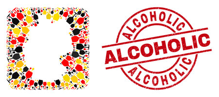 German geographic map mosaic in German flag official colors - red, yellow, black, and grunge Alcoholic red round stamp imitation. Alcoholic stamp uses vector lines and arcs.のイラスト素材