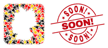 Germany map collage in Germany flag official colors - red, yellow, black, and grunge Soon! red circle stamp imitation. Soon! badge uses vector lines and arcs.のイラスト素材