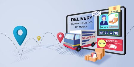 Online delivery global logistics concept. Delivery home and office. City logistics. Warehouse, Truck, Delivery application, Delivery service on mobile. Flat style vector illustrationのイラスト素材
