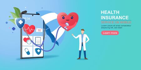 Insurance online concept. Insurance on mobile.Healthcare, finance and medical service. Vector illustration about Insurance.のイラスト素材