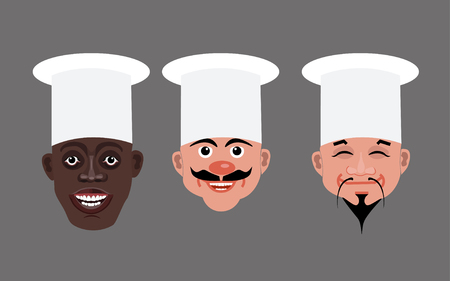 Set of vector chef heads of different races: Black, Caucasian, Asian.のイラスト素材