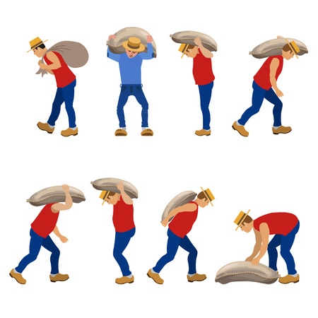 Set of workers carrying sacks in various poses. Vector illustrations.のイラスト素材