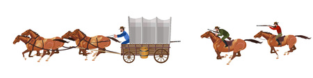 Armed riders chasing a stagecoach. Vector illustrationのイラスト素材