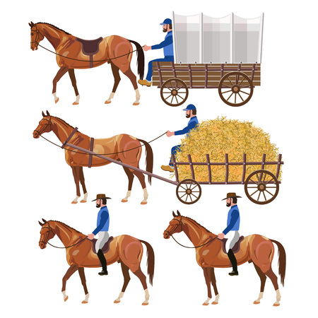 Western theme with horse carriage and riders. Vector illustrationのイラスト素材