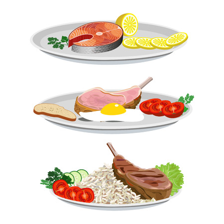 Set of dishes from fish and meat. Vector illustrationsのイラスト素材