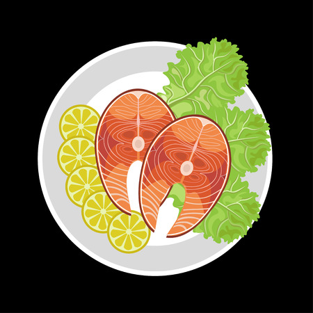 Salmon steak with lemon and lettuce. Vector illustrationのイラスト素材