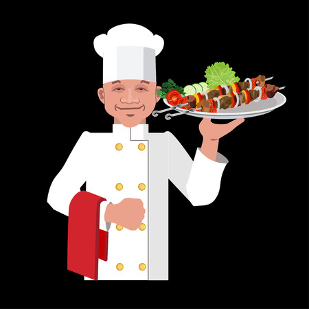 Chef holding dish with a shish kebab. Vector illustrationのイラスト素材