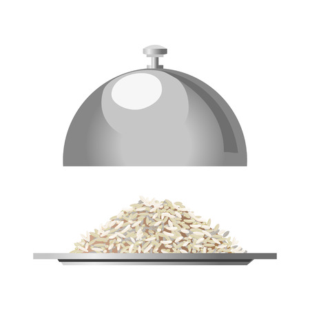 Silver serving tray with rice. Vector illustrationのイラスト素材