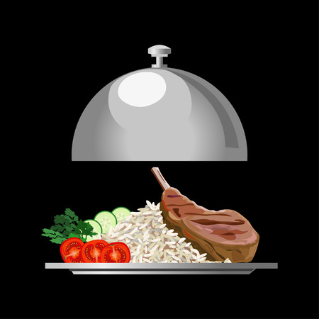 Silver serving tray with rice, meat and vegetables. Vector illustrationのイラスト素材