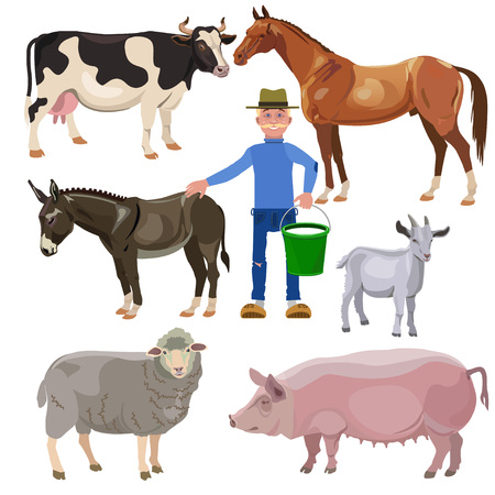 Farmer with farm animals. Vector illustrationのイラスト素材