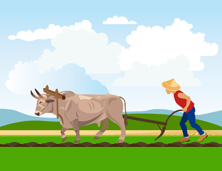 Farmer plowing paddy field with ox. Vector illustrationのイラスト素材