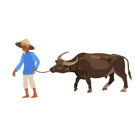 A Farmer leading water buffalo. Vector illustration on the white.のイラスト素材