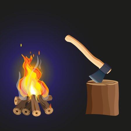 Night fire and stump with an ax. Vector illustrationのイラスト素材