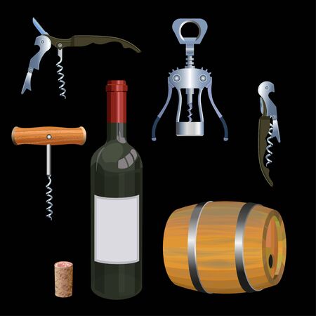 Wine set with corkscrews, barrel and bottle. Vector illustrationのイラスト素材