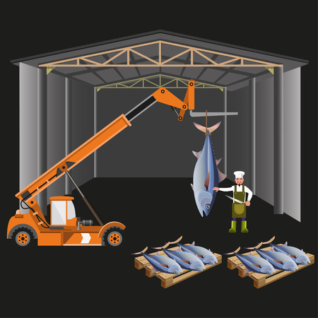 Unloading tuna at fish market for auction. Vector illustrationのイラスト素材