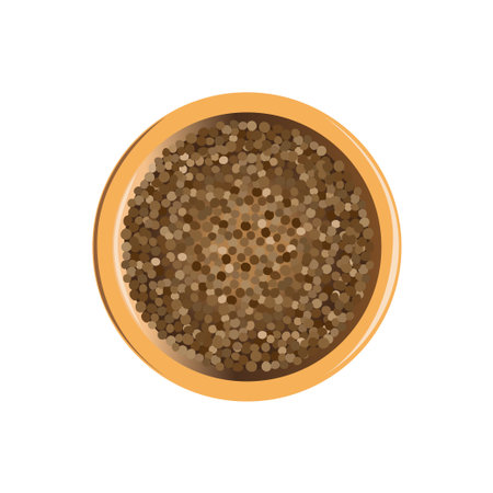 Coriander seeds in wooden bowl top view. Vector illustrationのイラスト素材