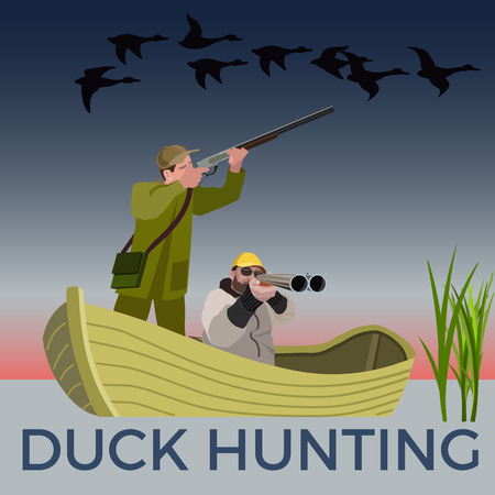 Hunters in boat shoots ducks. Vector illustration.のイラスト素材