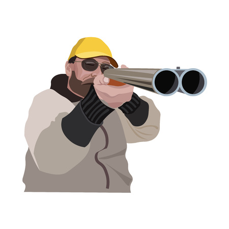 Hunter aiming a double barreled shotgun at you. Vector illustration isolated on the white background.のイラスト素材