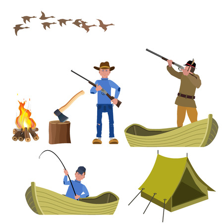 Set of vector illustration for hunting and fishing. Vector isolated on the white background.のイラスト素材