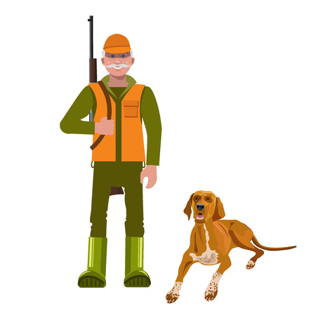 Hunter with his dog. Vector illustration isolated on the white background.のイラスト素材