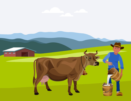 Cow and farmer on a dairy farm. Vector illustrationのイラスト素材