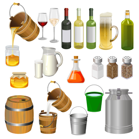 Vector set of various bottles, containers and other kitchen utensils. Illustration, isolated on white background.のイラスト素材