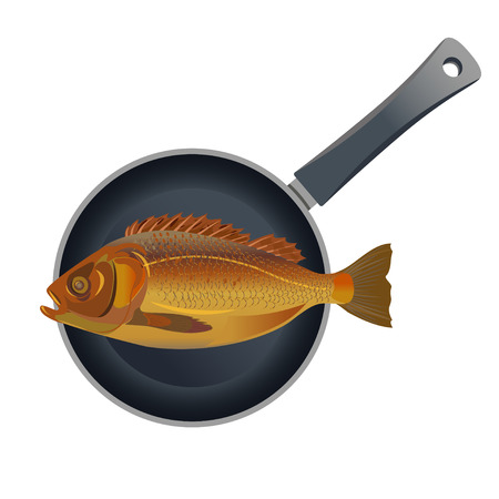 Whole fish on nonstick frying pan. Top view. Vector illustration isolated on white backgroundのイラスト素材